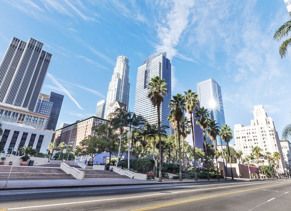 Contact - Row of Modern Commercial Buildings Along a Main Street in Downtown Los Angeles California Surrounded by Palm Trees on a Sunny Day